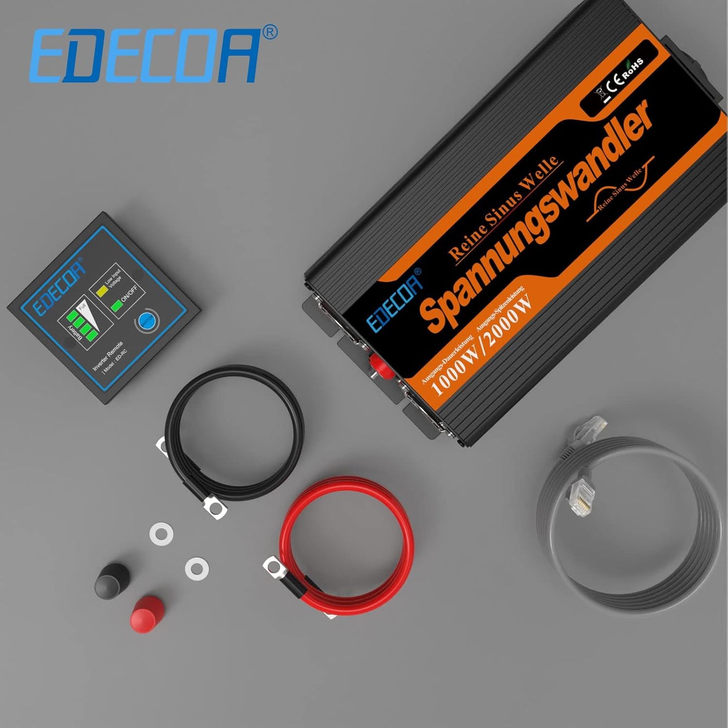 EDECOA Omvormer Zuivere Sinus 1000W 12 V 230 V Auto Omvormer 12V naar 230V Spanningsomvormer 2000W Piekvermogen Inverter Pure Sine Wave met Afstandsbediening EU Stopcontacten