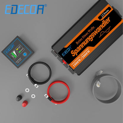 EDECOA Omvormer Zuivere Sinus 1000W 12 V 230 V Auto Omvormer 12V naar 230V Spanningsomvormer 2000W Piekvermogen Inverter Pure Sine Wave met Afstandsbediening EU Stopcontacten