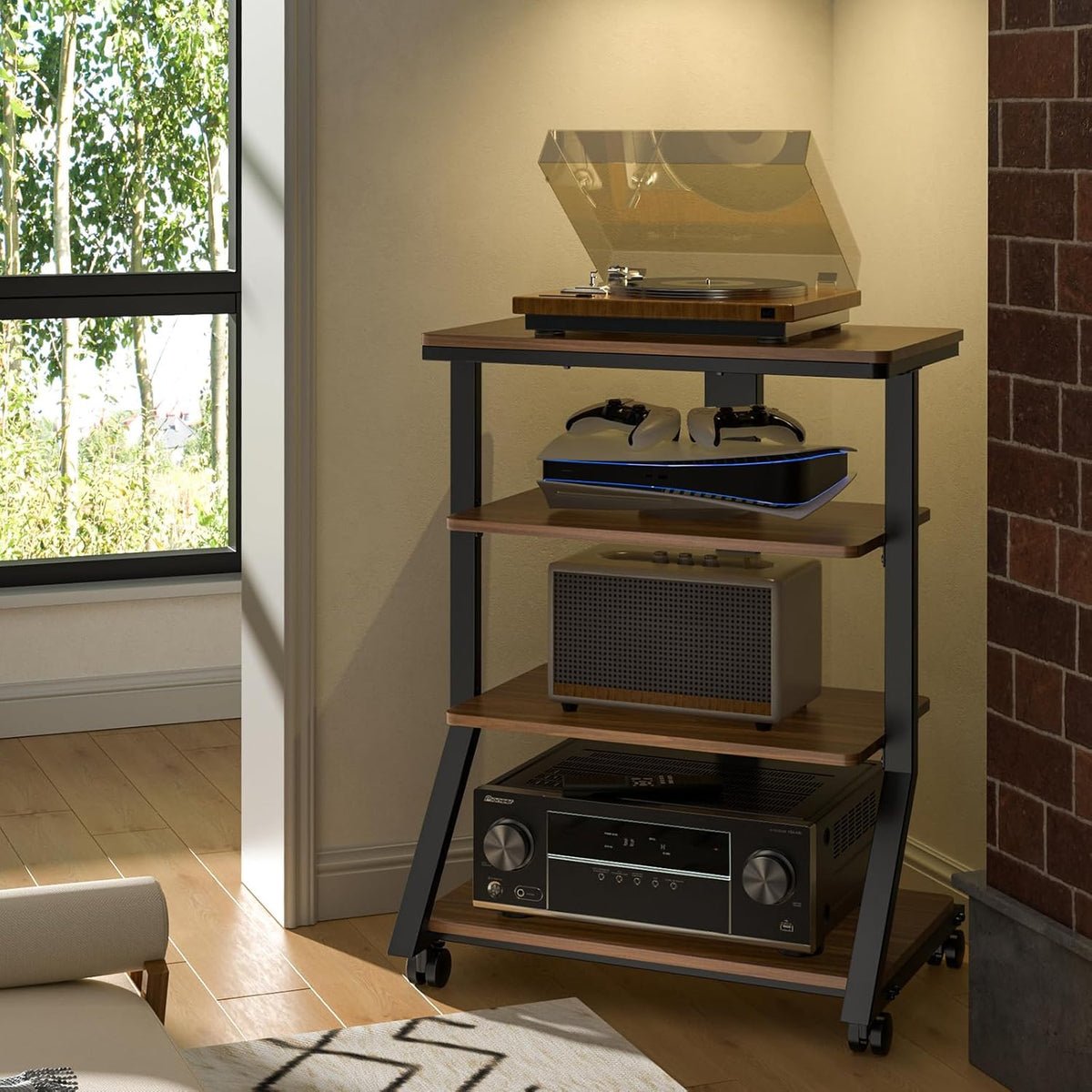 HiFi-rek – Audiorek – Mediameubel – AV-plank – Entertainmentstandaard – 4 niveaus – 8 mm planken, zwenkwielen met vergrendeling