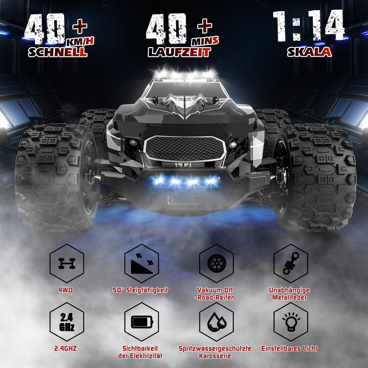 Op Afstand Bestuurde Auto, 1/14 RC Monstertruck Met 7 Kleuren Lichten, 40 km/u, 2,4 GHz, Offroad Met Twee Batterijen, 4WD Waterdichte RTR All Terrain Buggy Voor Kinderen