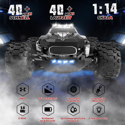 Op Afstand Bestuurde Auto, 1/14 RC Monstertruck Met 7 Kleuren Lichten, 40 km/u, 2,4 GHz, Offroad Met Twee Batterijen, 4WD Waterdichte RTR All Terrain Buggy Voor Kinderen