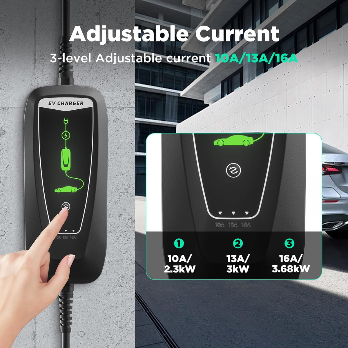 Type 2 EV oplaadkabel Schuko 2-Pin, 3,68KW eenfasig [10-16A] EV oplader met 10 m oplaadkabel, IP66 waterdicht mobiel laadstation met draagtas voor PHEV EV EV