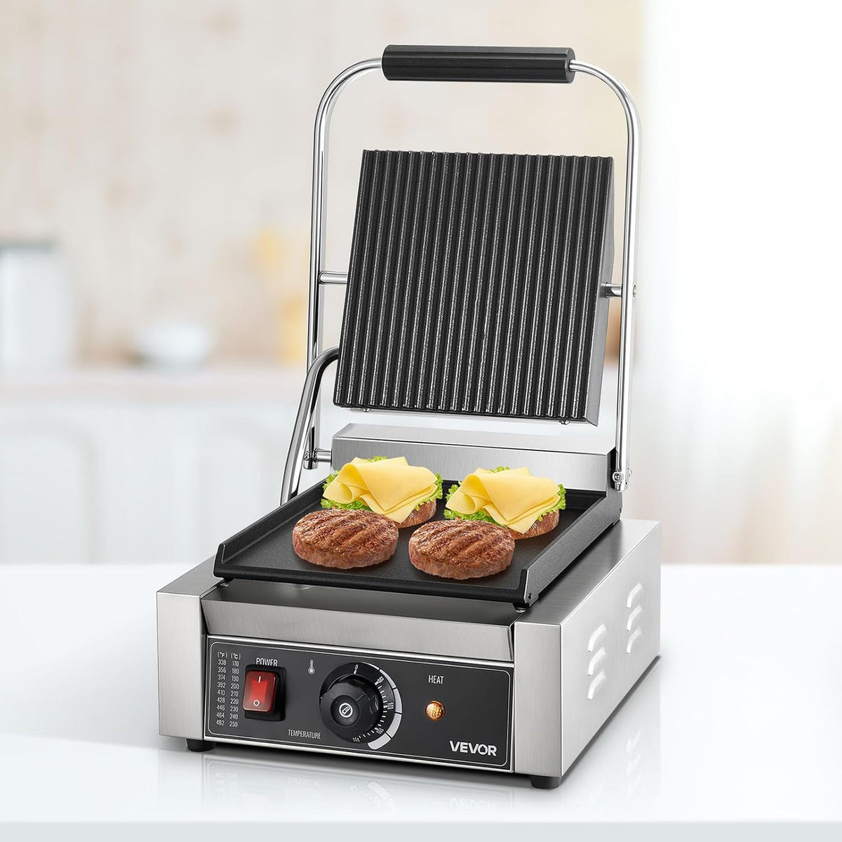 VEVOR Elektrische grill voor Panini 1800 W, sandwichplaat met geëmailleerde plaat, 22 x 23 cm, roestvrij staal, handgreep, temperatuurcontrole, voor hamburgers, steaks