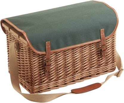 Les Jardins de la Comtesse - Groene Picknickmand Saint-Honoré - Lederen riemen - 4 personen - Met opvouwbare tafel in bamboe - Porseleinen borden en glazen wijnglazen - 45 x 28 x 28 cm