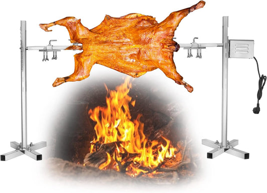 Mechoui Draaispies, 15 W, elektrisch, roestvrij staal, 70 kg, in hoogte verstelbaar, voor melkkvarken, barbecue met motor, draagbaar, koken in de open lucht, camping, wandelen
