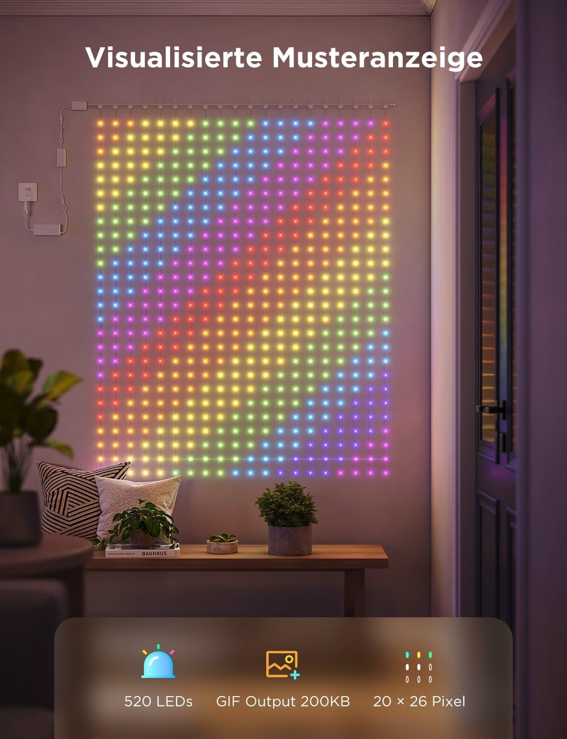 Govee Curtain Lights 2.0, DIY Smart LED-gordijn met GIF, 520 RGBIC-kleurveranderende LED-verlichting, max. IP65 waterdicht, Alexa-compatibel, feestdecoratie (1,5 × 2 m)