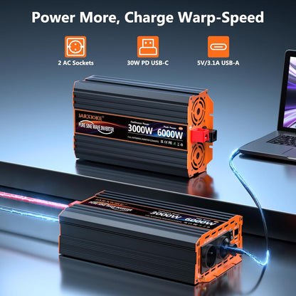 3000 W omvormer, 24 V naar 230 V, zuivere sinus, spanningsomvormer, omvormer met 2 EU-stopcontacten, 30 W USB-C, 5 V 3,1 A USB, lcd-afstandsbediening, voor caravans, vrachtwagens, zonne-energie