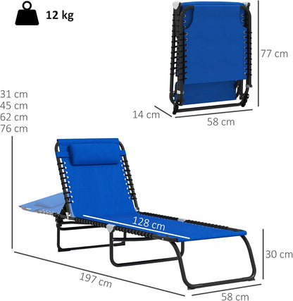 Outsunny 2 Piece Folding Sun Loungers, Outdoor 4 Levels Adjustable Backrest Reclining Chaise Chairs, Steel Frame Recliner for Camping, Hiking, Navy Blue - QUORE