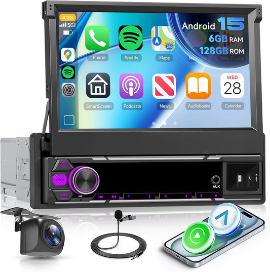 Hodozzy 6G + 128GB Android 15 autoradio, 1 Din scherm, uitschuifbaar met Carplay Wireless Android Auto, 7 inch touchscreen, navigatie, GPS radio met wifi, Bluetooth, FM/AM/RDS, DSP, USB en
