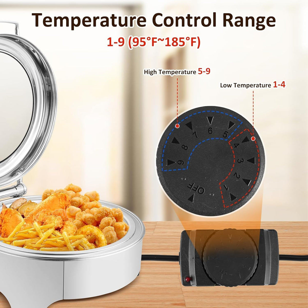 YUCHENGTECH Elektrische ronde buffetkachel, 6 l, platte boiler, roestvrij staal, professionele elektrische chafing schaal, met instelbare temperatuur en glazen deksel