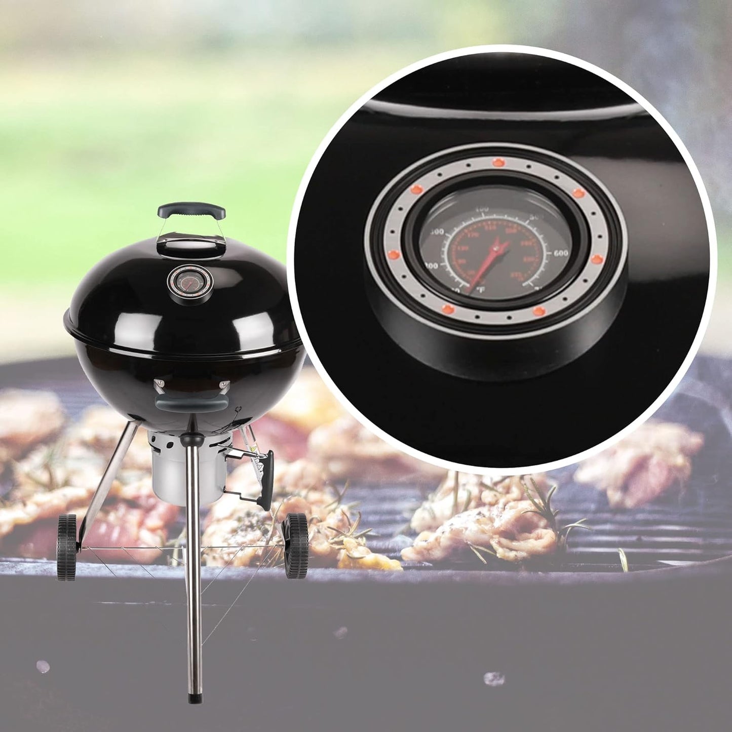 Amig - Fireplus Draagbare Houtskoolbarbecue - Ronde barbecue met deksel en wielen - Met ventilatiesysteem en aslade - Stalen grillrooster Ø53,5 cm - Afmetingen: 68,4 x 64 x 100 cm