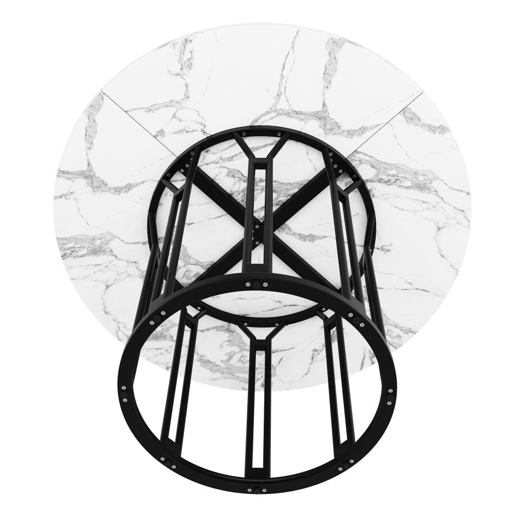 Ronde Eettafel – Ronde Tafel – Keukentafel – Ontbijttafel – Eettafel Zwart Metaal – Marmerlook MDF Blad – Verstelbare Voeten – 100 cm Diameter