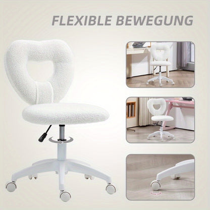Bureaustoel – Bureaustoel Zonder Armleuning – Werkstoel – Make-up Stoel – Thuiskantoorstoel – Verstelbare Hoogte – 360° Draaibaar Met Teddy Fleece Bekleding – Hartvormige Rugleuning – Stevige Metalen Basis – Wit