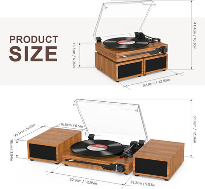 Platenspeler - Geïntegreerde Luidsprekers - Vintage Fonograaf - met Bluetooth 5.3 Ondersteunt - 2 Dubbele Stereoluidsprekers - 3 Snelheden - AUX - RCA - USB - Draadloos Afspelen - Hout - Goud