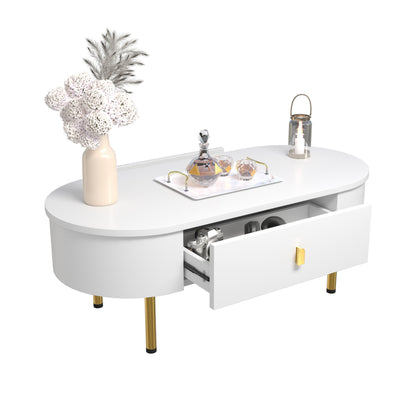 Salontafel – Woonkamertafel – Koffietafel – Bijzettafel – Tafel – Metaal – Wit – Met 2 Laden – Gouden Details