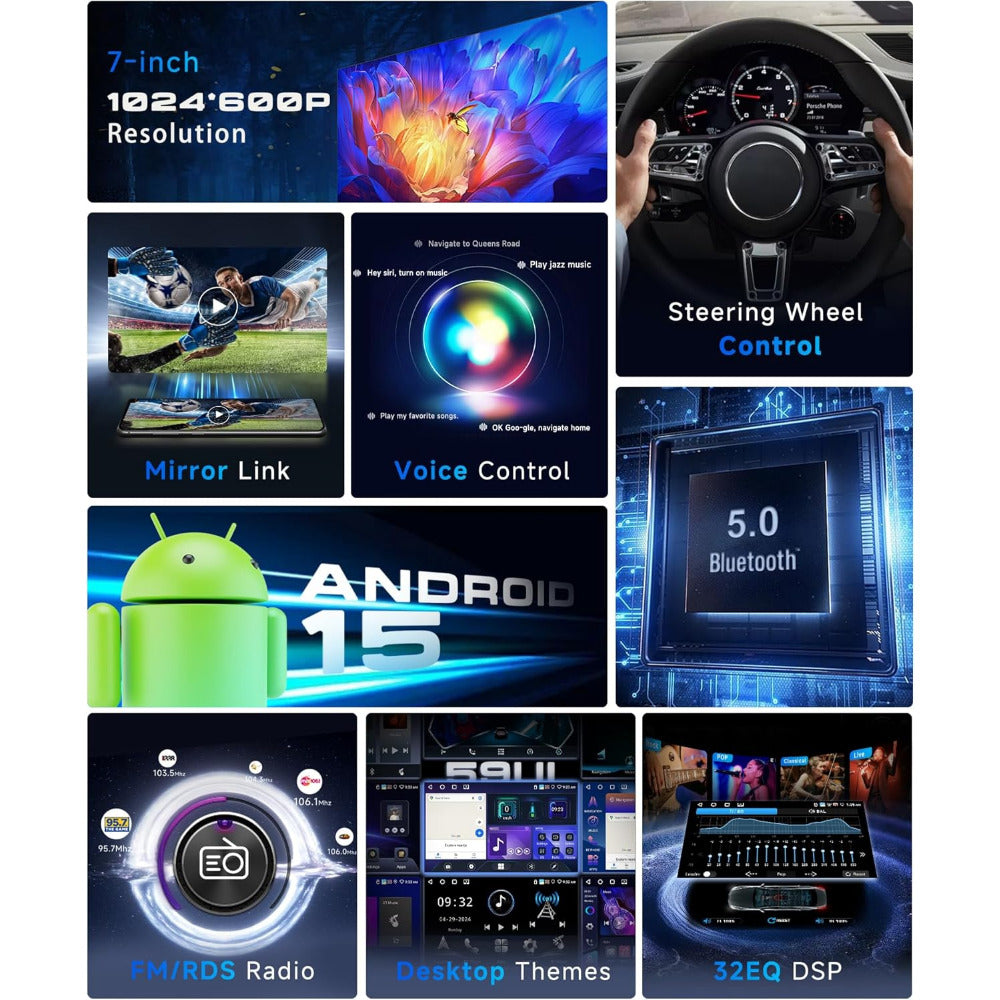 7 Inch Android Autoradio – Multimedia Systeem – Navigatie Unit – Touchscreen Radio – Bluetooth Autoradio – Draadloze CarPlay & Android Auto – AI DSP Geluidsoptimalisatie – GPS Navigatie