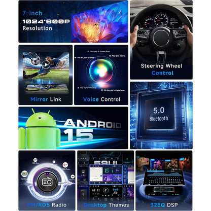 Android 15 Autoradio – Multimedia Systeem – Navigatie Radio – Touchscreen Radio – Draadloos CarPlay – 7 Inch HD Scherm – 4G Internet & Bluetooth 5.0