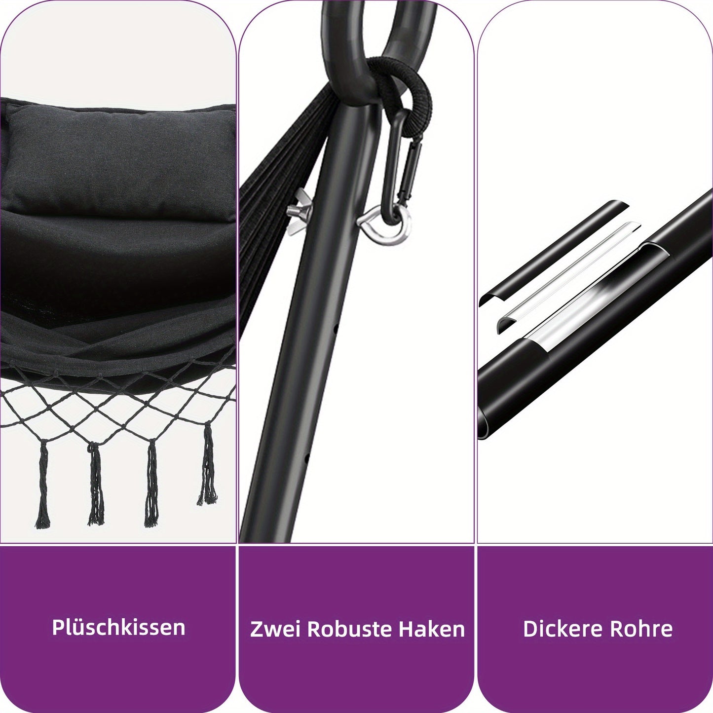 Schommelstoel Buiten – Hangstoel – Schommelstoel Balkon – Tuinstoel – Relaxstoel – Zwart – Robuust Stalen Frame – Verstelbare Telefoonhouder