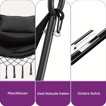 Schommelstoel Buiten – Hangstoel – Schommelstoel Balkon – Tuinstoel – Relaxstoel – Zwart – Robuust Stalen Frame – Verstelbare Telefoonhouder