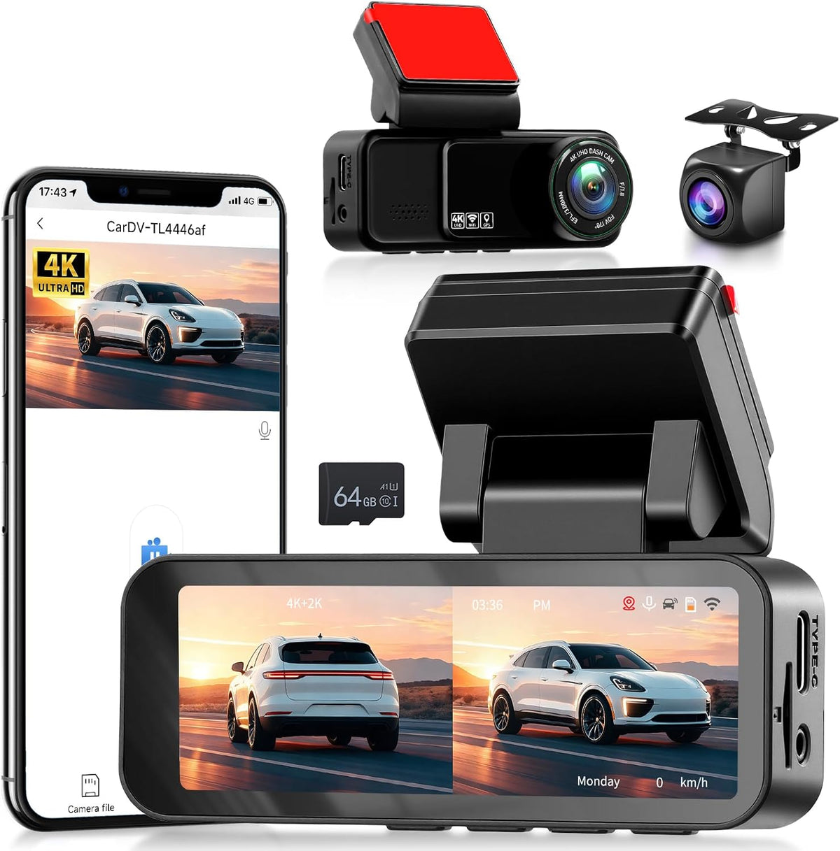 Hodozzy 4K Dashcam met voor- en 2K achteruitrijcamera, 3,16-inch IPS-scherm, dashcam voor auto's, wifi- en app-bediening, ADAS, BSD en LCA, nachtzicht, G-sensor, loop-opname, parkeermodus-monitor