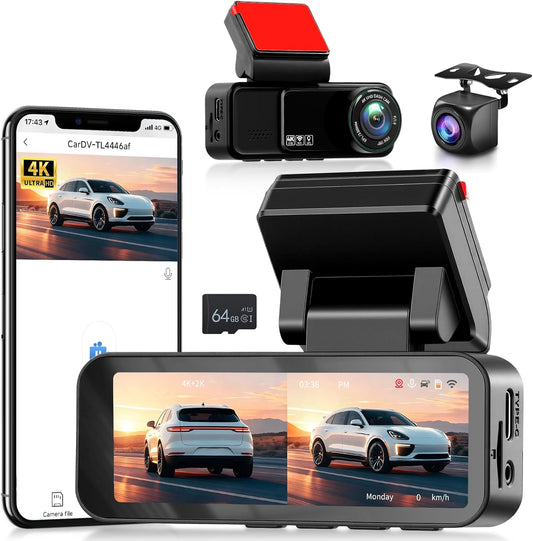 Hodozzy 4K Dashcam met voor- en 2K achteruitrijcamera, 3,16-inch IPS-scherm, dashcam voor auto's, wifi- en app-bediening, ADAS, BSD en LCA, nachtzicht, G-sensor, loop-opname, parkeermodus-monitor