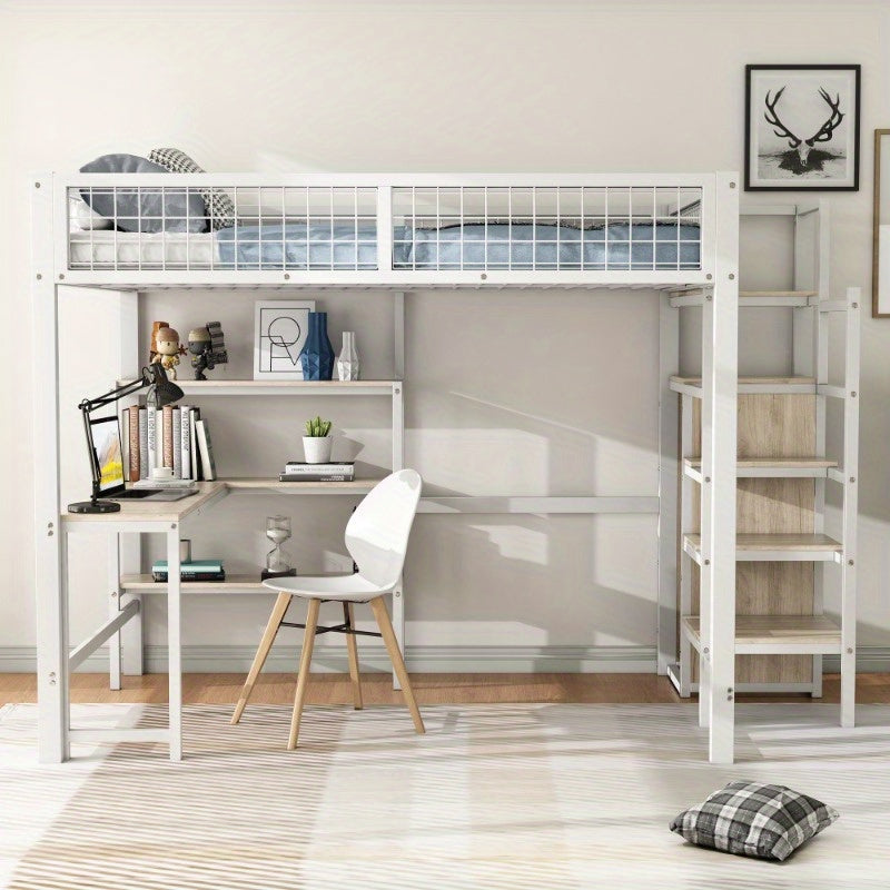 Metalen Halfhoogslaper – Hoogslaper Met Bureau – Bed Met Opbergruimte – Slaapbank – Kinderbed – Stevige Constructie – 140x200 cm