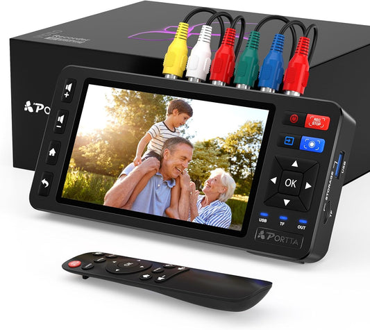 PORTTA VHS to digitale converter met 5 inch HD-scherm, video-opnamerecorder converteren naar MP4 compatibel met VHS, videorecorder, DVR, DVD, Hi8, Mini DV, camcorders, gameconsoles (tapes/dvd-speler