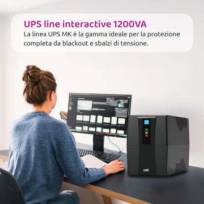 Ononderbroken UPS 1200 VA Line Interactive Melchioni MK | Bescherming tegen blackout en spanningsschommelingen, 2 batterijen 12 V, geaarde stopcontacten, ideaal voor pc, router, DVR, NVR