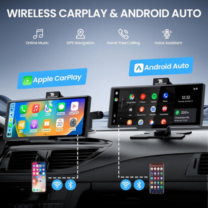 10,3 inch draadloos Carplay scherm voor auto met 4K Dash Cam & 1080P Backup Camera, Draagbare Auto Audio Ontvangers met Carplay & Android Auto, GPS Navigatie, Airplay, Mirror Link