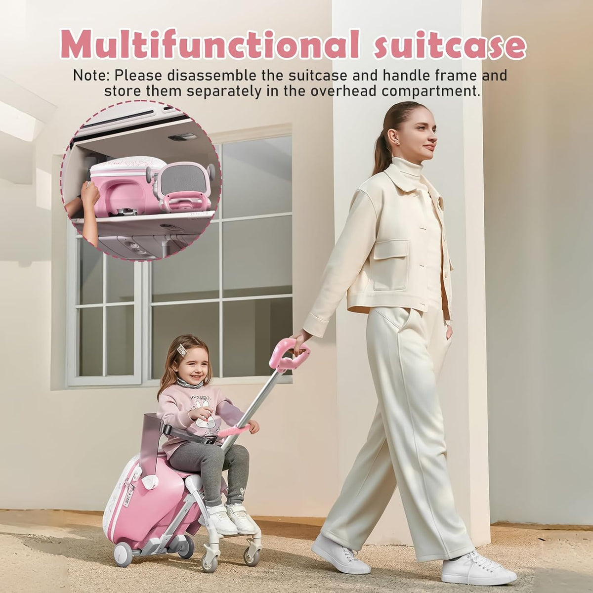 Ride-On koffer voor kinderen, 2-in-1 lichtgewicht reisbagage met 360 ° Spinner wielen, duurzame Carry-On trolley tas voor meisjes jongens - Max belasting 50KG (Graffiti-stijl roze en wit)