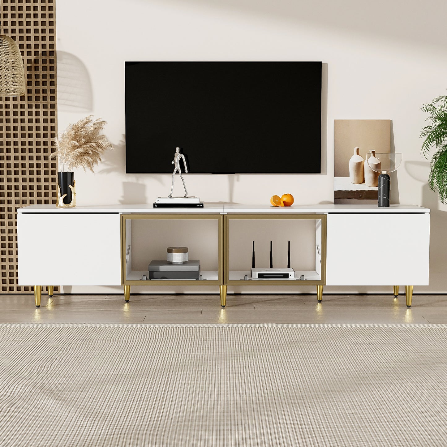 Merax 170 Cm TV Cabinet - White Minimalist Style, Floor And Wall Mounting, 4 Doors (2 Glass Doors), Versatile Mounting, Perfect for Living Room