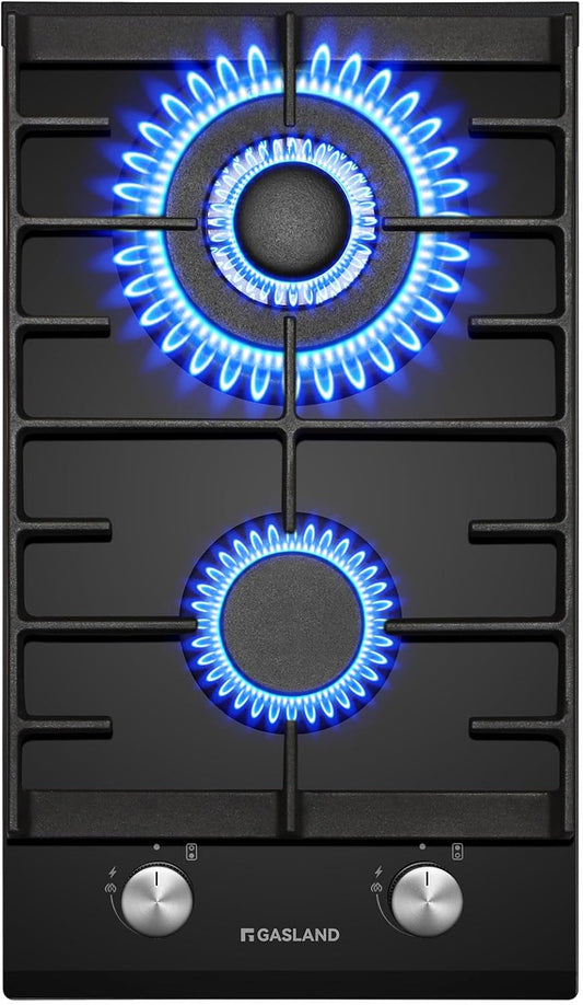 GASLAND GH2302BG1FC Glazen gaskookplaat 2 pits, butaangas kookplaat met wokbrander, inbouw gaskookplaat, 30 cm zwart glazen fornuis, gasfornuis 5200 watt, LPG/aardgas