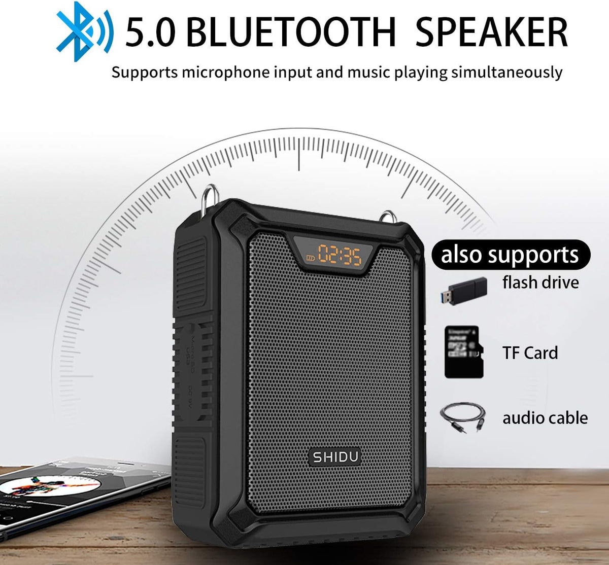 Stemversterker, SHIDU 30W Stemluidspreker Draagbare Bluetooth Luidspreker met UHF Draadloze Microfoon & Bedrade Microfoon Hoofdtelefoon IPX6 Waterdichte Oplaadbare PA-systeem voor Docenten, Tourgids
