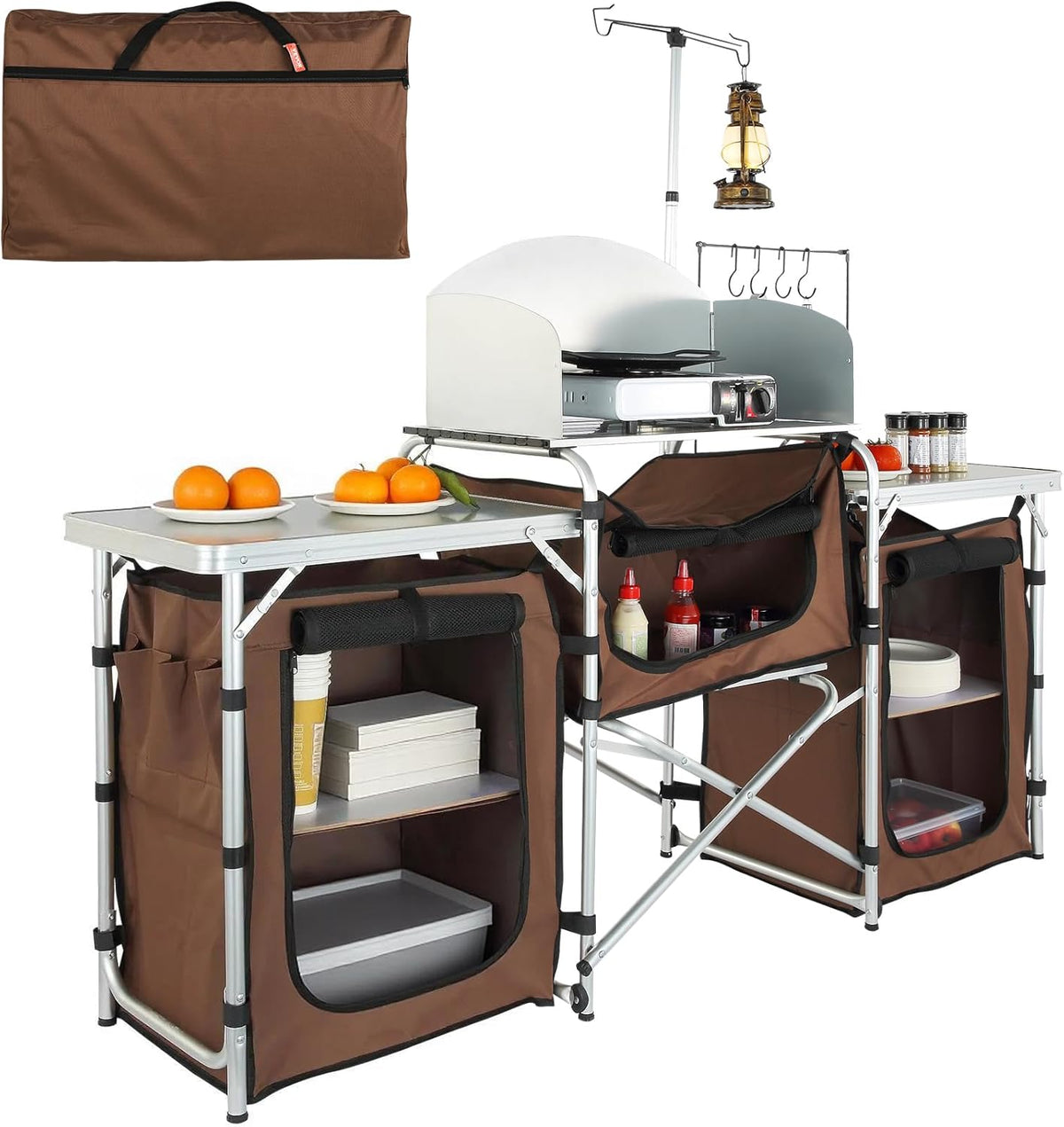 VEVOR Snelle installatie voor picknick, BBQ, RV reizen, ontworpen hout aluminium, bruin, 3 kasten
