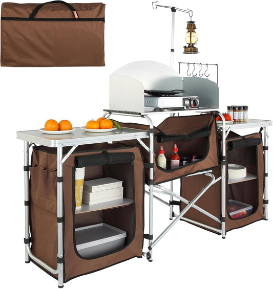 VEVOR Snelle installatie voor picknick, BBQ, RV reizen, ontworpen hout aluminium, bruin, 3 kasten