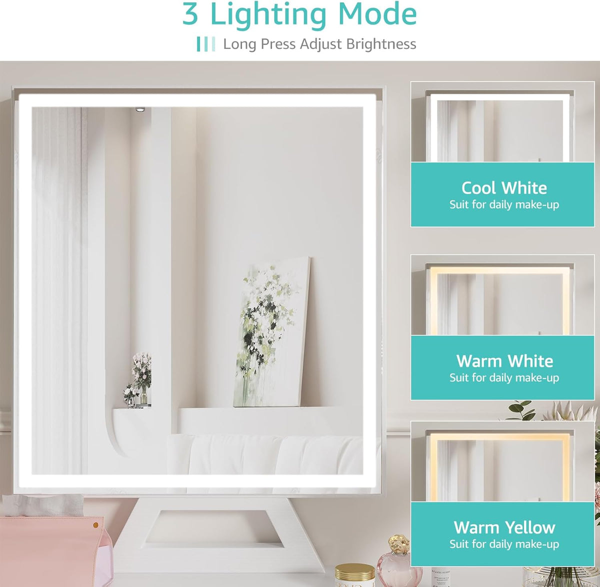 Witte make-uptafel met spiegel en verlichting, make-uptafel set voor kleine meisjes met stoel, make-upcommode met laden en stopcontact voor slaapkamer, klein