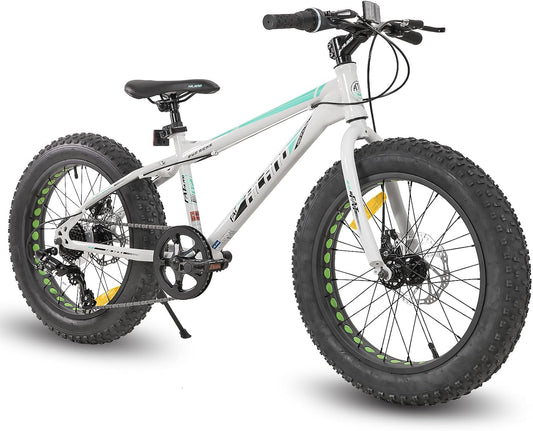 Hiland 20 inch kindermountainbike, 7 versnellingen, Fat Tires mountainbike, dubbele schijfremmen, kinderfiets voor jongens en meisjes, wit