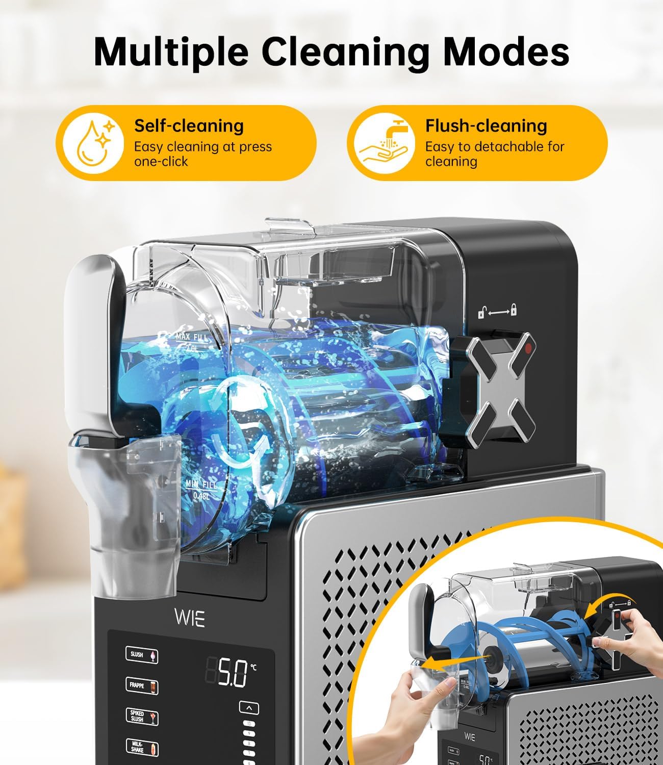 WIE Slush-machine, ijsmachine, dessertmachine, milkshake, frappé wijn, automatische reiniging, 2 liter inhoud, turbo freeze, geen ijs nodig