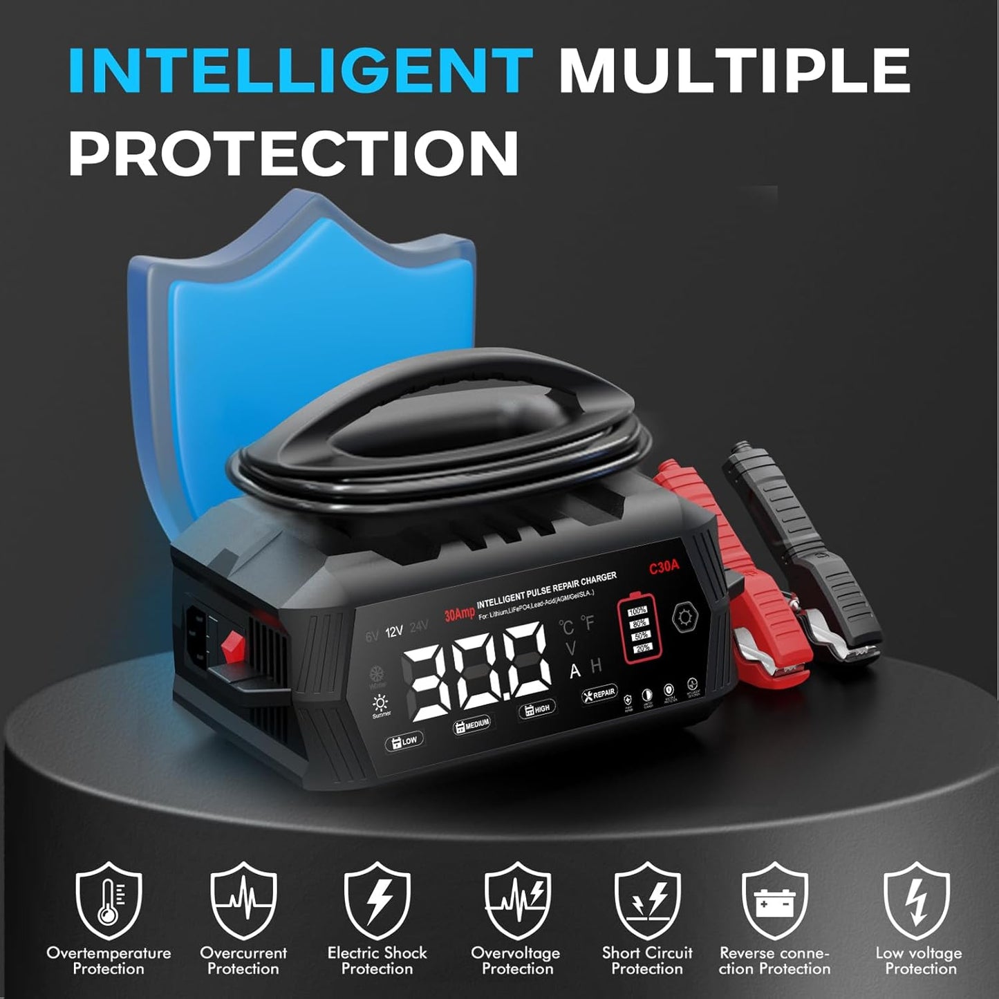 Autoacculader – Acculader – Batterijlader – Oplader – 30A Multi-Volt – Intelligent Laden Met LCD-Display – Herstelmode Voor Loodzuuraccu’s