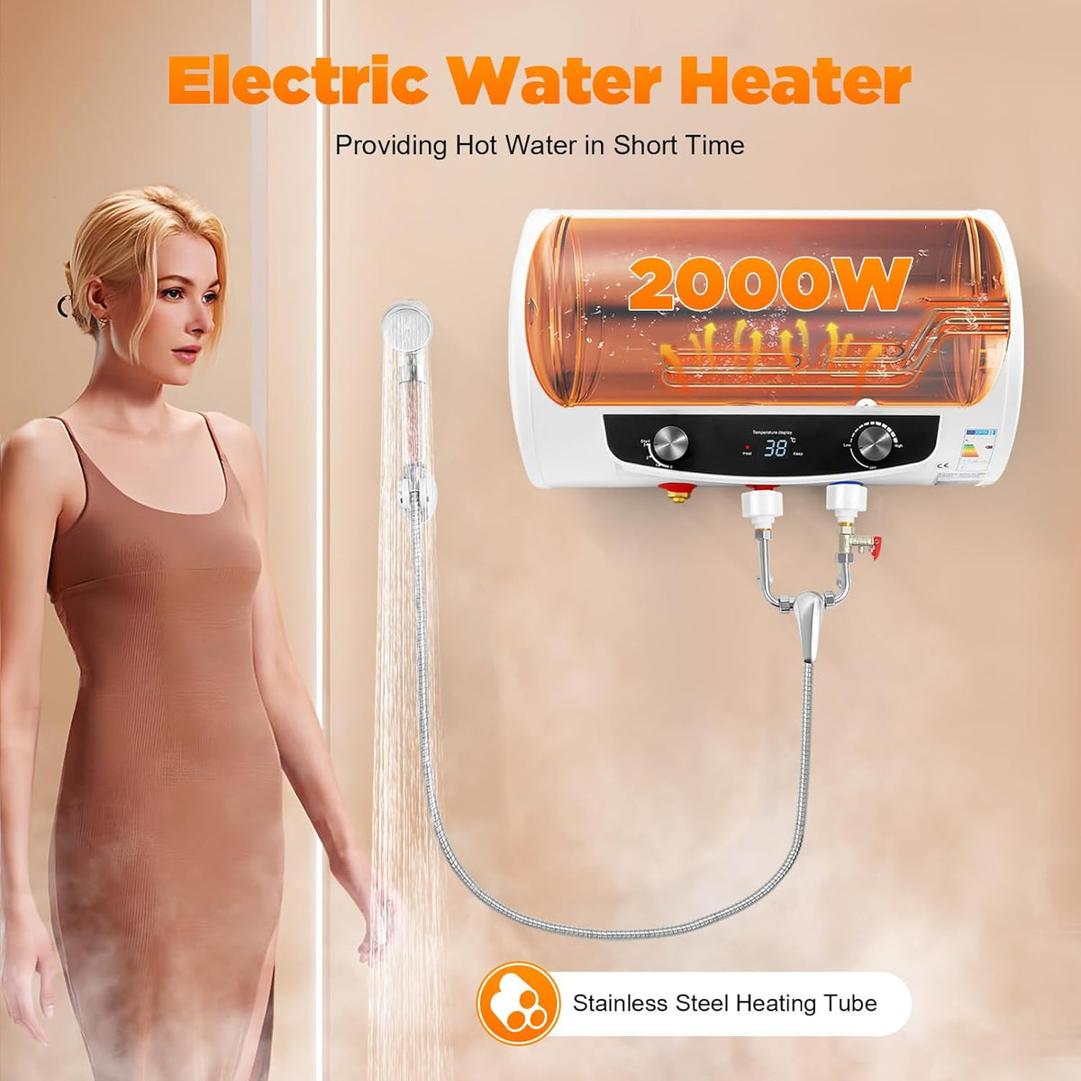 Electric Water Heater 50 L 220 V 2000 W Wall Mounted Heating Power Water Heater Water Heater Water Heater Heating Temperature Range 25-75°C for Kitchen, Garden, Bathroom, Caravan, 50 Litres - QUORE