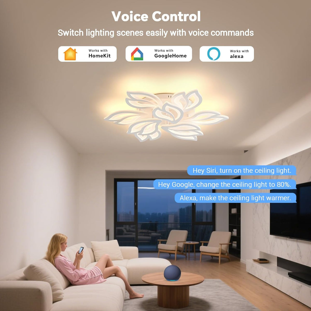 Plafondlamp met afstandsbediening, dimbare woonkamerlamp met Matter compatibel met HomeKit, Alexa, Google en IFTTT, 120W moderne LED-plafondlamp voor slaapkamer en woonkamer (Ø84cm, wit)