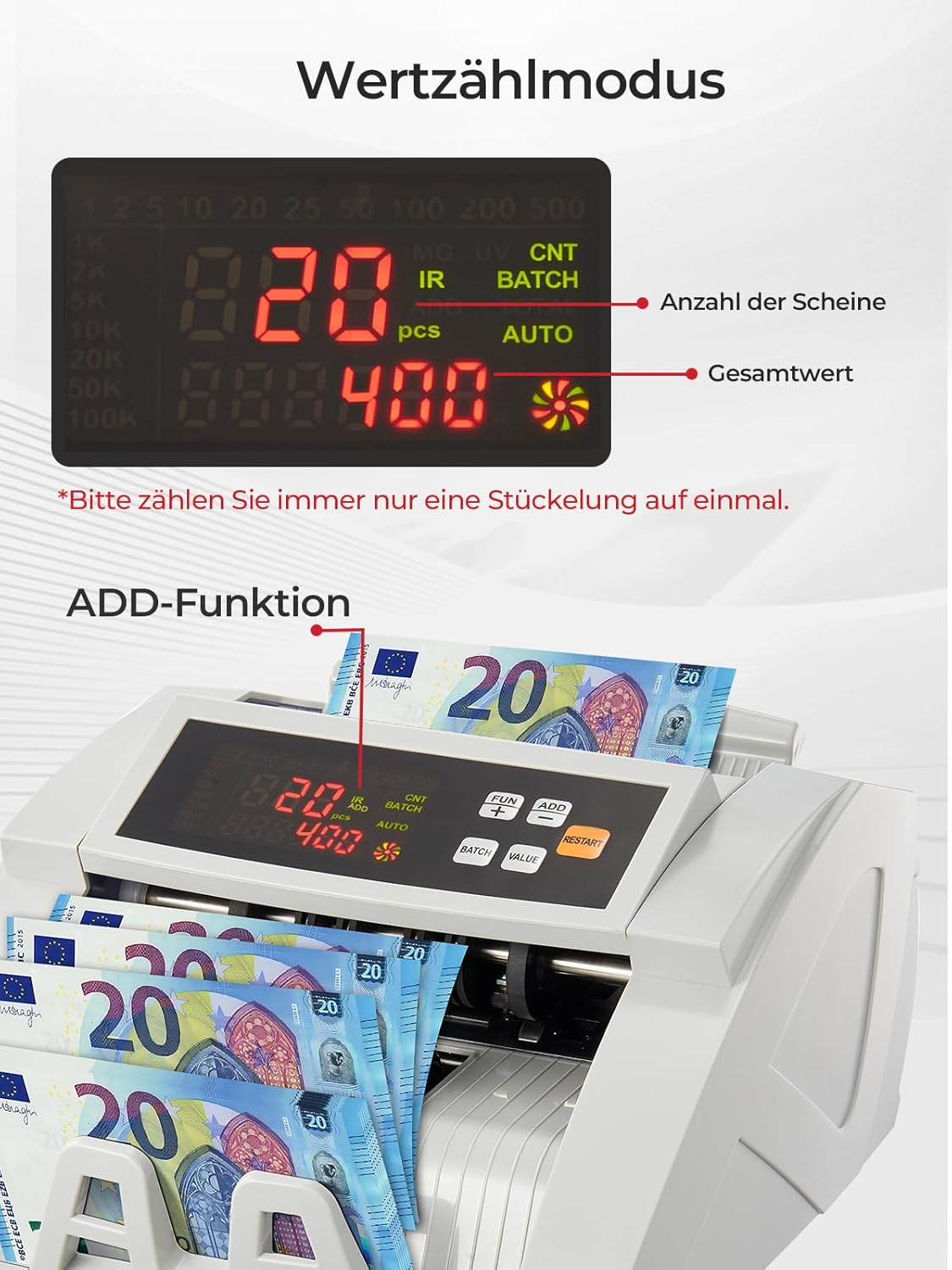 FOHERE Geldtelmachine, professionele geldteller met UV/MG/IR/DD vervalsingsherkenning, 1100 bankbiljetten/minuut, lcd-display, waarde- en batchmodus voor winkels, banken en restaurants