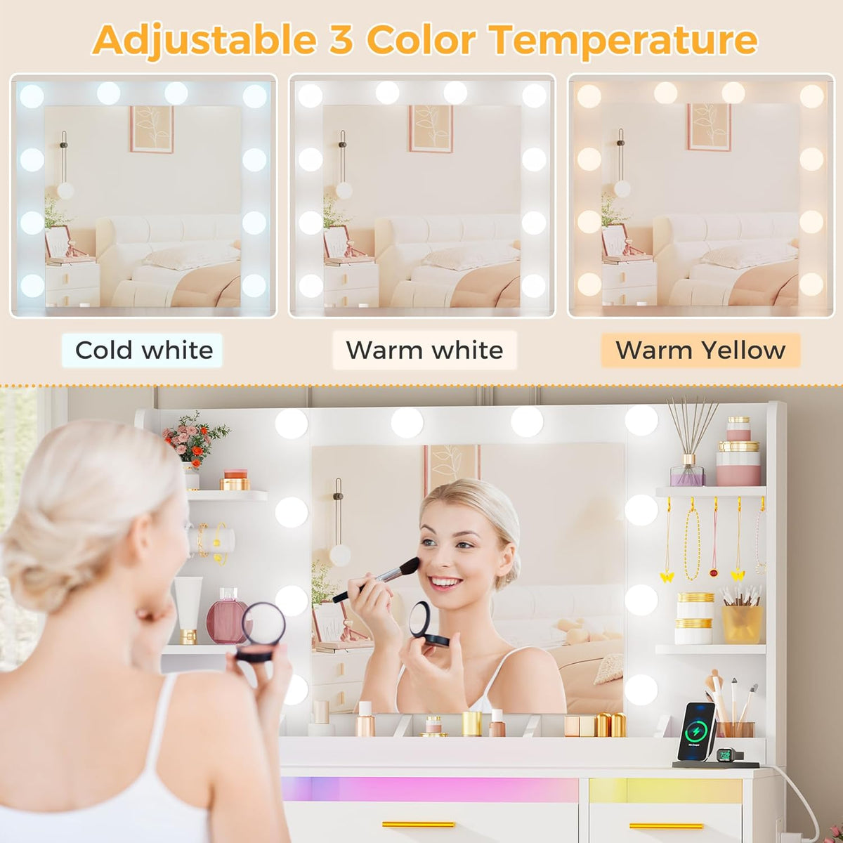 ANWBROAD Makeup Table with Mirror and Adjustable LED Lighting, 3 Colours, Transparent Glass Pane, Large Dressing Table with Socket, 9 RGB Drawers, 4 Shelves, White BDT95W - QUORE