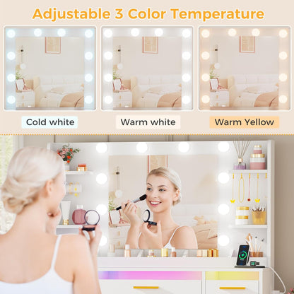 ANWBROAD Makeup Table with Mirror and Adjustable LED Lighting, 3 Colours, Transparent Glass Pane, Large Dressing Table with Socket, 9 RGB Drawers, 4 Shelves, White BDT95W - QUORE
