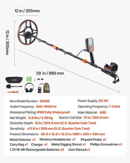 Metaaldetector Voor Volwassenen – Gouddetector, Goudzoeker, Metaalzoeker, Schatzoeker – IP68 Waterdicht, 12 Inch Zoekspoel