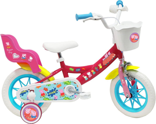 Peppa Pig Fiets 12 inch met rem, mand voor, poppenhouder, spatborden, carter en stabilisatoren voor meisjes, fuchsia