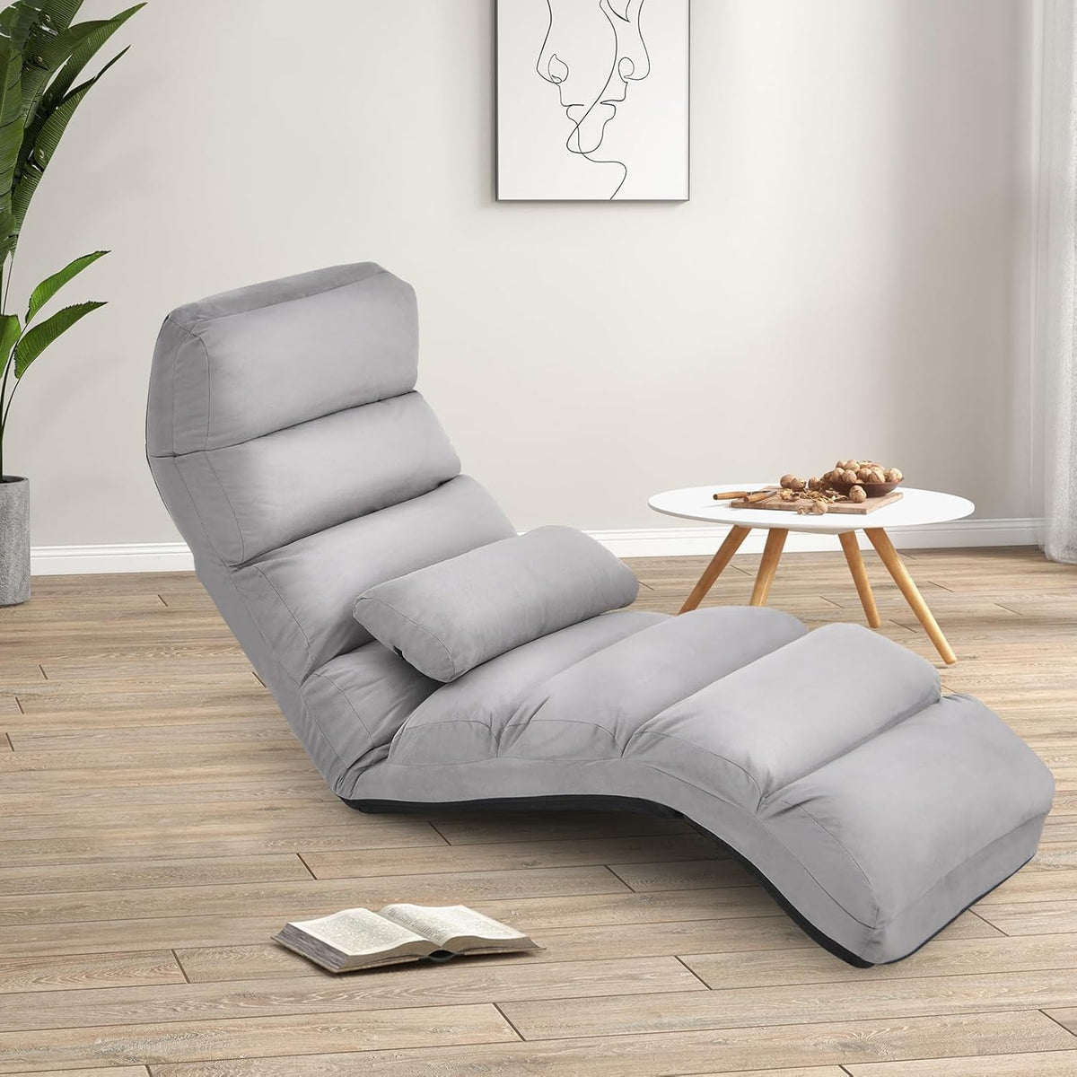 FANTASK Relaxstoel inklapbaar, vloerstoel met verstelbare rugleuning, vloerligstoel met slaapfunctie, vloerstoel voor gamen, slapen, lezen, grijs, extra breed