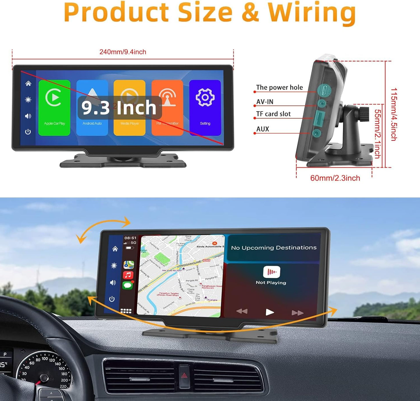 Podofo Draadloze Apple Carplay Android Auto Draagbare Autoradio,9.3 Inch 1080P IPS Touchscreen Carplay Display Autoradio Ontvanger met Bluetooth,FM-Zender,Stembediening,AUX,TF