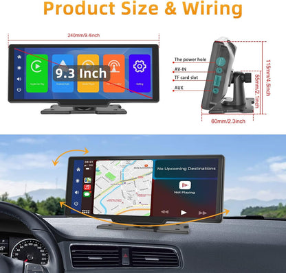 Podofo Draadloze Apple Carplay Android Auto Draagbare Autoradio,9.3 Inch 1080P IPS Touchscreen Carplay Display Autoradio Ontvanger met Bluetooth,FM-Zender,Stembediening,AUX,TF