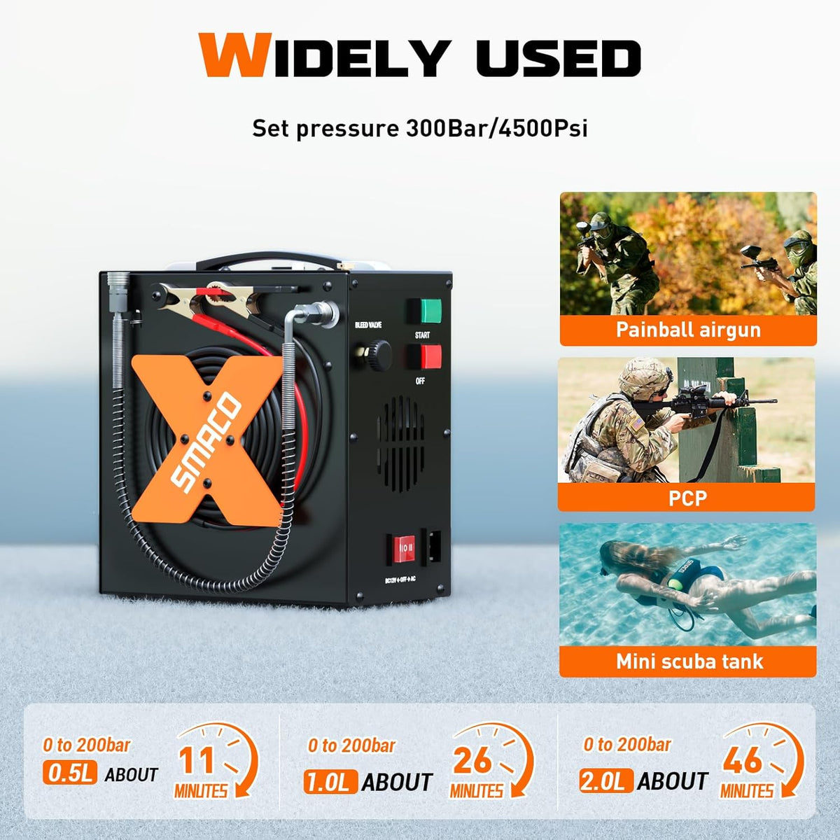 Duikcompressor – PCP Compressor – Paintball Compressor – Mini Dompelfles Compressor – Luchtcompressor – Hoge Druk tot 300 Bar – Draagbaar met 12V en 220V Aansluiting